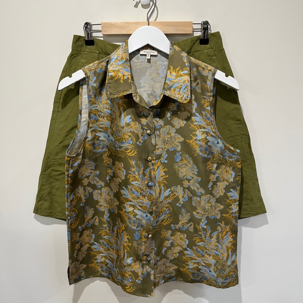 Lafayette 148 Silk Top Shorts Set Women M 6 Olive Floral Sleeveless Luxury Quiet